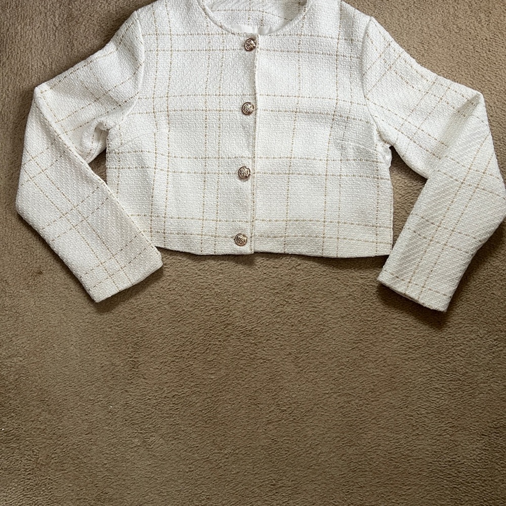 Women's Cropped Tweed Jacket - Cream Windowpane